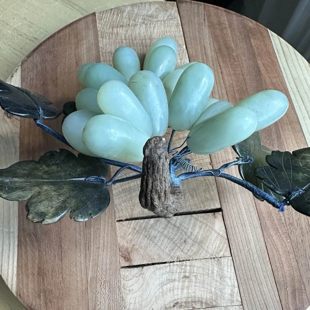 Vintage Grape Cluster 7 Inch Nephrite Jade Alabaster Leaves Mid Century Decor